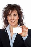 Business woman holding one blank card