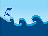 dolphin and sea wave on blue background