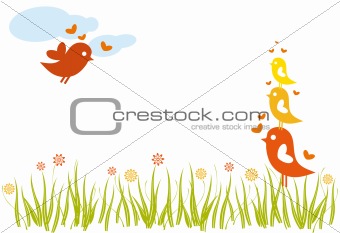 lovebird family in a flowery green field