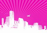 White city on pink background. Vector