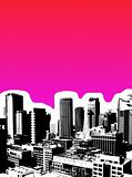Black city with pink background. Vector art