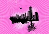City and nature on pink background. Vector