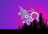 Black city on purple background. Vector