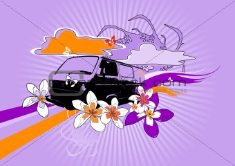 Retro car on purple background.