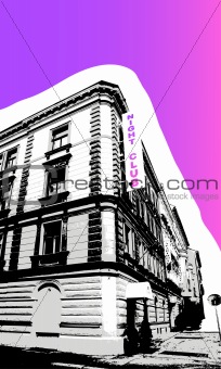 Old building with purple background.