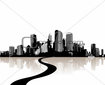 City reflected in the water. Vector