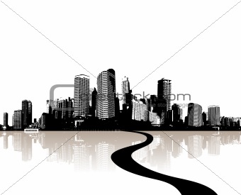 City reflected in water. Vector