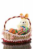 Easter eggs in basket with fat round bunny