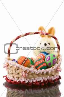 Easter eggs in basket with fat round bunny