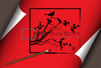 Chinese art on red scroll with nature