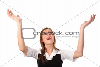 Business woman with hands in air