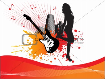 grunge music city background with lady and guitar