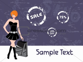 beautiful girl in sexy dress with shopping bag, vector