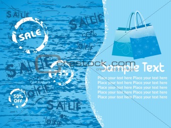blue grunge background with fancy bags for 50% off sale, vector
