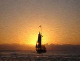 Sailship Sailing Into Sunset