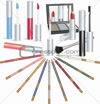 Makeup elements - brushes, lipstick, pencils, mirror etc