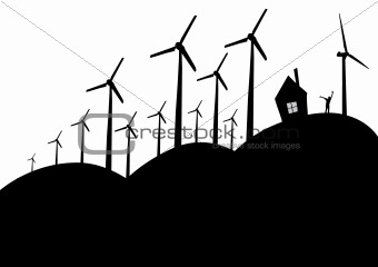 many of silhouette of wind turbines on a white background