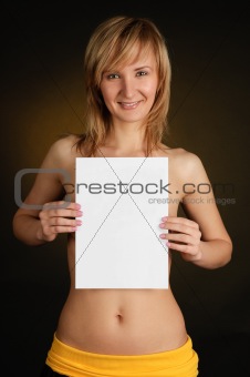  beautiful girl topless with a blank page 