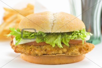 crisp chicken burger with tomato onion cheese lettuce