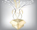Exploding gift with silver and gold herats and stars