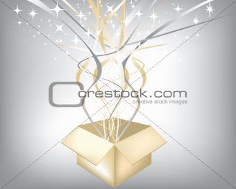 Exploding gift with silver and gold herats and stars
