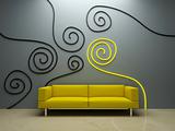Interior design - Yellow couch and decorated wall