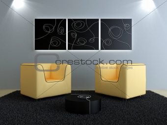 Interiors design - Peach seats and black modern decorations