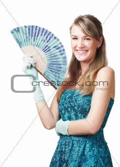 Happy young girl with fan, isolated on white