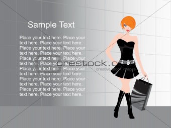 attractive woman in black dress with paper bag, vector