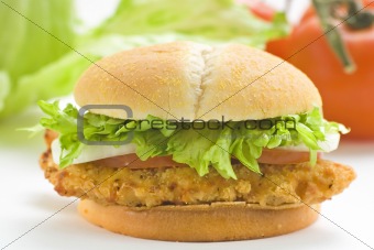 crisp chicken burger with tomato onion cheese lettuce