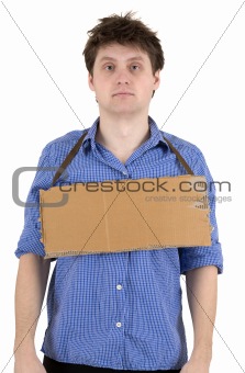 Man with carton tablet on neck