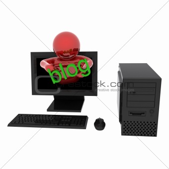 Person in computer with text "Blog"