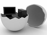 Black computer in egg