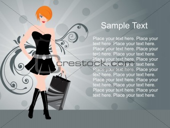 floral background and pretty woman holding bags, vector