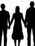 Silhouette of a woman and two men holding hands