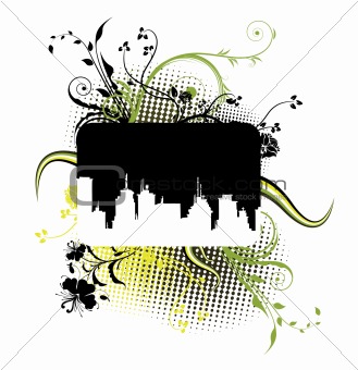 abstract illustration with floral, grunge and city