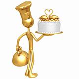 Golden Baker Serving Wedding Cake With Swans In A Heart Shape