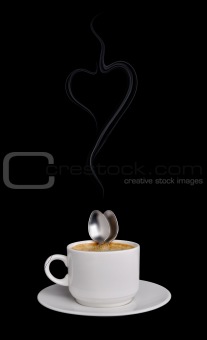 Two spoons embrace in a cup coffee