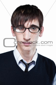 cute young guy with fashion haircut wearing glasses, on white