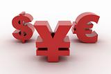 Red Yen Dollar and Euro isolated