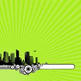 Illustration with city and green background. vector