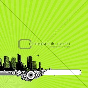 Illustration with city and green background. vector