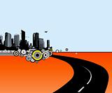 Illustration with city and road. Vector
