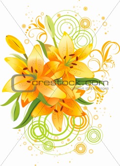 Three orange lily, vector grunge floral background