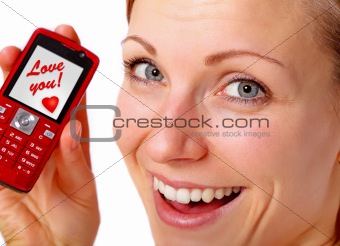 female showing love message on phone