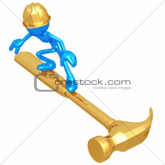Construction Worker Surfing On A Hammer