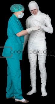 Man in bandage and nurse