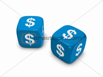 pair of blue dice with dollar sign