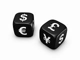 pair of black dice with currency sign