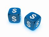 pair of translucent blue dice with dollar sign